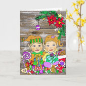 フェスティバルメリークリスマスガール&ボーイ小人 カード (黄色い花)