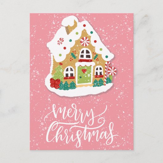 フェスティバルメリークリスマスジンジャーブレッドハウスピンク ポストカード (正面)