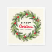 フェスティバルメリークリスマスハッピーホリデーズホリーベリー スタンダードカクテルナプキン (正面)