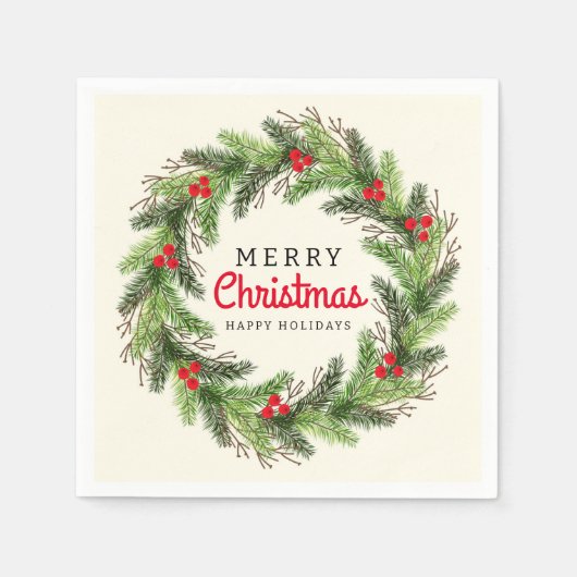 フェスティバルメリークリスマスハッピーホリデーズホリーベリー スタンダードカクテルナプキン (正面)