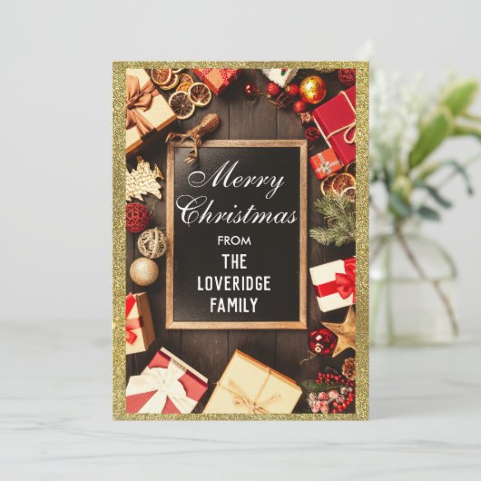 フェスティバルメリークリスマスホリデーパーティー金ゴールドグリッター シーズンカード (スタンド正面)