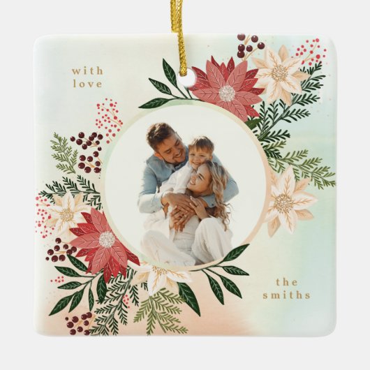 フェスティバルメリークリスマスラウンド写真植物学 セラミックオーナメント (正面)