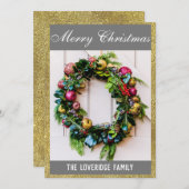 フェスティバルメリークリスマスリースグレー&金ゴールドグリッター シーズンカード (正面/裏面)