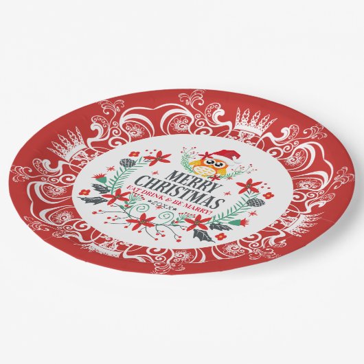 フェスティバルメリークリスマスリース&ホワイトクラウンフレーム ペーパープレート (アングル)