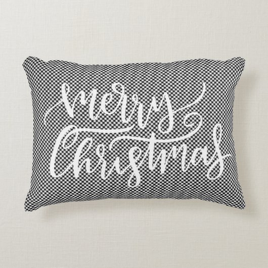 フェスティバルメリークリスマス白黒ギンガムプレイド アクセントクッション (正面)