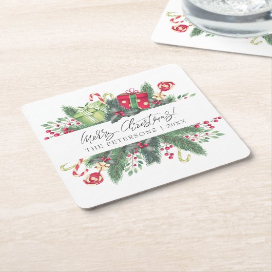 フェスティバルメリーパーソナライズされたクリスマスの装飾品 スクエアペーパーコースター (アングル)