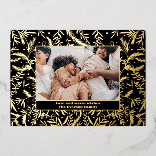 フェスティバルモダンの華やかなクリスマス家族3枚の写真 箔シーズンカード (正面)