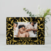 フェスティバルモダンの華やかなクリスマス家族3枚の写真 箔シーズンカード (立ち正面)