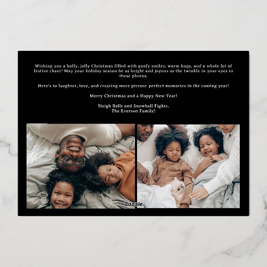 フェスティバルモダンの華やかなクリスマス家族3枚の写真 箔シーズンカード (裏面)