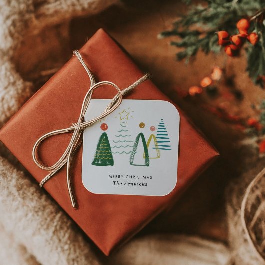 フェスティバルモダンウォーターカラークリスマスツリーズホリデー スクエアシール