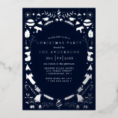フェスティバルモダンシルバーネイビーブルークリスマスパーティー 箔招待状 (正面)