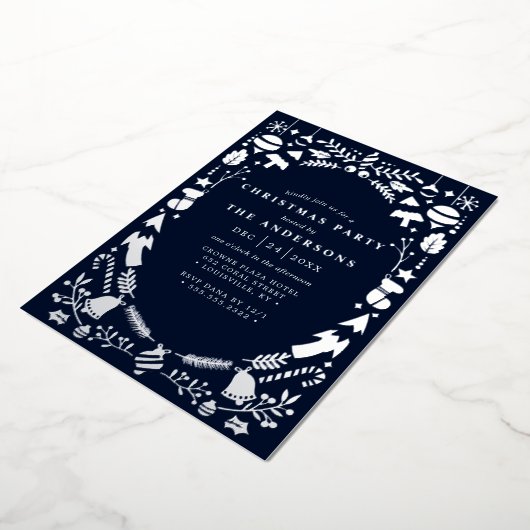 フェスティバルモダンシルバーネイビーブルークリスマスパーティー 箔招待状 (回転した状態)