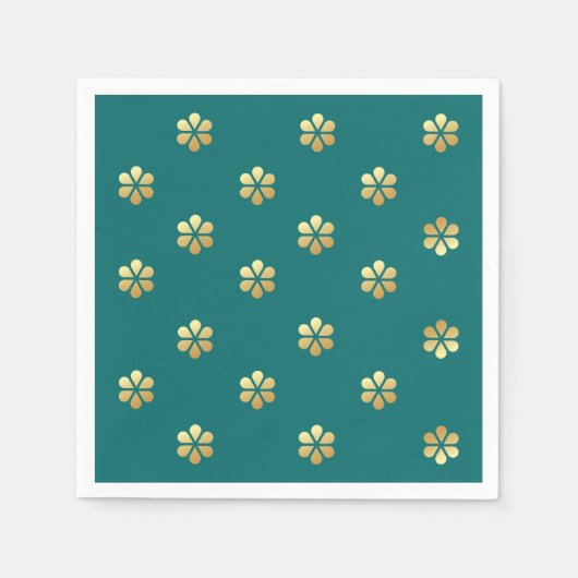 フェスティバルモダンティール（緑がかった色）&金ゴールドデイジークリスマス スタンダードカクテルナプキン (正面)