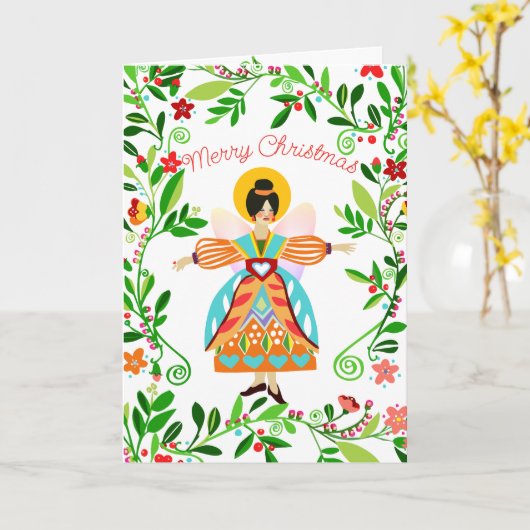 フェスティバルモダンフォークエンジェルタンジェリンクリスマス カード (黄色い花)