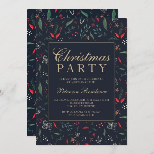 フェスティバルモダンフローラ赤い緑のクリスマスパーティー 招待状 (正面/裏面)