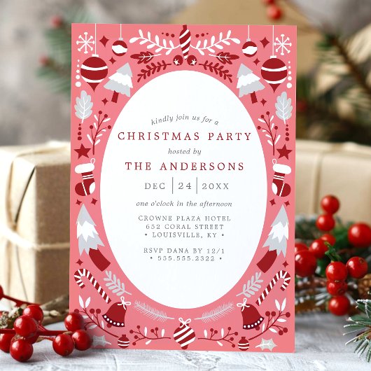フェスティバルモダンレッドとピンクのクリスマスパーティー 招待状