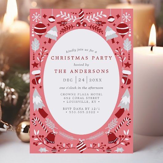 フェスティバルモダンレッドとピンクのクリスマスパーティー 招待状