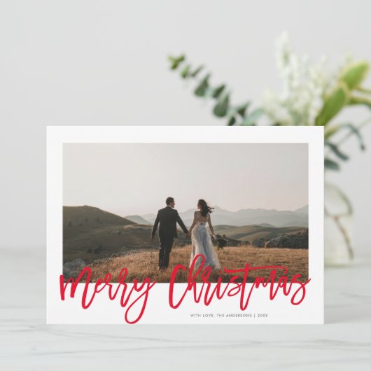 フェスティバルモダンレッドスクリプトメリークリスマス1写真 シーズンカード (スタンド正面)