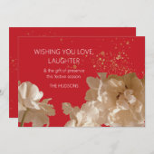 フェスティバルモダン |レッド&金ゴールドダストフローラクリスマス シーズンカード (正面/裏面)