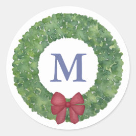 フェスティバルモノグラム緑リースとレッドボウ ラウンドシール