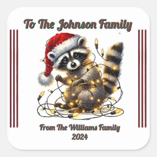 フェスティバルラクーンがクリスマスプレゼントをチャームで包む スクエアシール (正面)