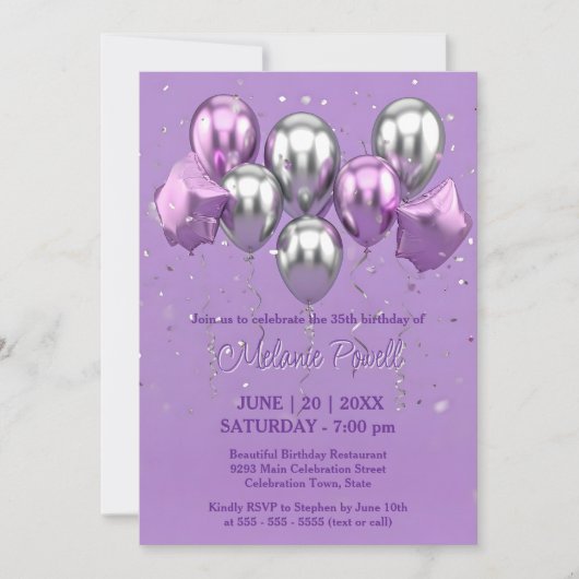 フェスティバルラベンダーと銀スターバルーン誕生日 招待状 (正面)