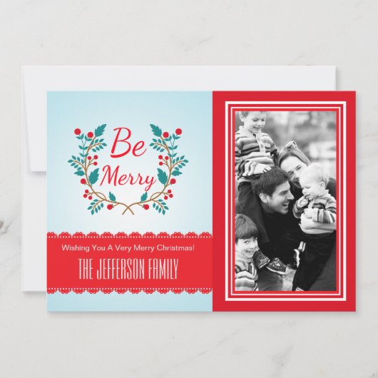 フェスティバルリースライトブルーとレッドクリスマスフォト シーズンカード (正面)