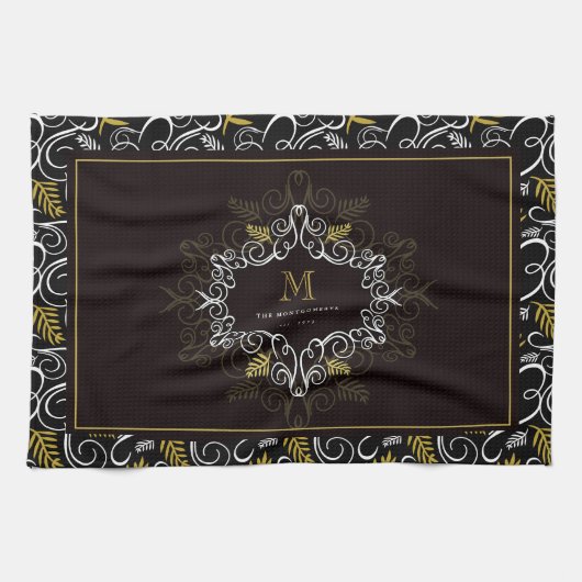 フェスティバルリーフアールデコモノグラムヴィンテージホリデイ キッチンタオル (横)