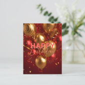 フェスティバルレッドおよび金ゴールドバルーン誕生祝い ポストカード (スタンド正面)