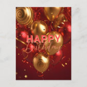 フェスティバルレッドおよび金ゴールドバルーン誕生祝い ポストカード (正面)
