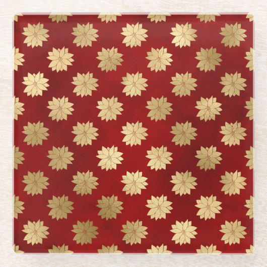 フェスティバルレッドとゴールドフォイル冬ポインセチア花 ガラスコースター (正面)