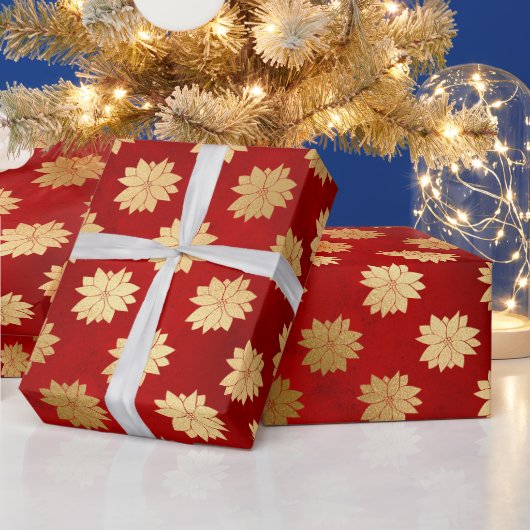 フェスティバルレッドとゴールドフォイル冬ポインセチア花 ラッピングペーパー (クリスマス)