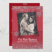 フェスティバルレッドとシルバーのクリスマスフォトカード シーズンカード (正面/裏面)