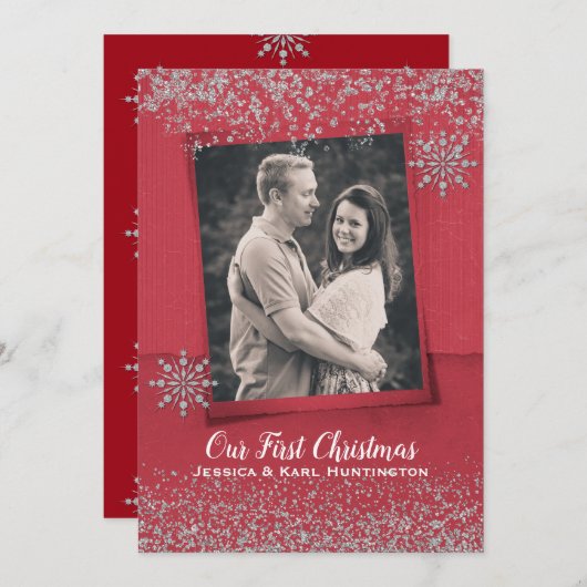フェスティバルレッドとシルバーのクリスマスフォトカード シーズンカード (正面/裏面)