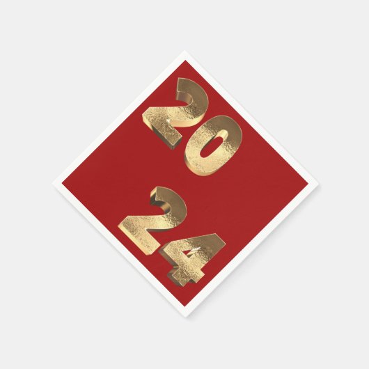 フェスティバルレッドとフェイク金ゴールドハッピーニューイヤー2024 スタンダードカクテルナプキン (角)