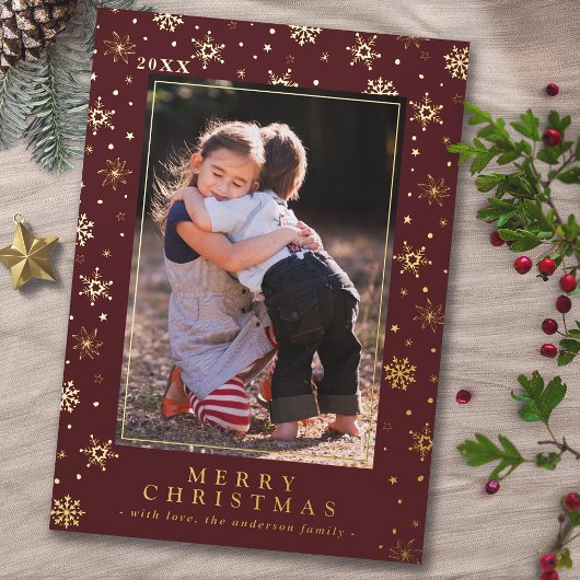 フェスティバルレッドと金ゴールドクラシックスタイルクリスマスフォト 箔シーズンカード