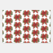 フェスティバルレッドと金ゴールドクリスマスボウパターン ラッピングペーパーシート (正面3)