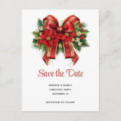 フェスティバルレッドと金ゴールドクリスマスボウ日付を保存 インビテーションポストカード (正面)