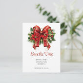 フェスティバルレッドと金ゴールドクリスマスボウ日付を保存 インビテーションポストカード (スタンド正面)