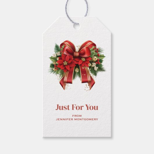 フェスティバルレッドと金ゴールドクリスマスボウ ギフトタグ (正面)