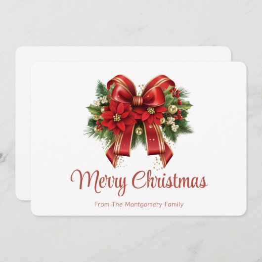 フェスティバルレッドと金ゴールドクリスマスボウ シーズンカード (正面/裏面)