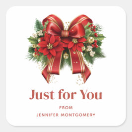 フェスティバルレッドと金ゴールドクリスマスボウ スクエアシール