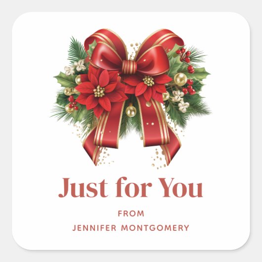 フェスティバルレッドと金ゴールドクリスマスボウ スクエアシール (正面)