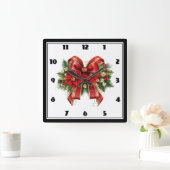 フェスティバルレッドと金ゴールドクリスマスボウ スクエア壁時計 (ホーム)