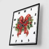 フェスティバルレッドと金ゴールドクリスマスボウ スクエア壁時計 (傾斜)