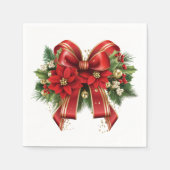 フェスティバルレッドと金ゴールドクリスマスボウ スタンダードカクテルナプキン (正面)
