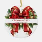 フェスティバルレッドと金ゴールドクリスマスボウ セラミックオーナメント (正面)