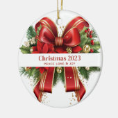 フェスティバルレッドと金ゴールドクリスマスボウ セラミックオーナメント (左)