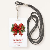 フェスティバルレッドと金ゴールドクリスマスボウ バッジ (裏面ランヤード)