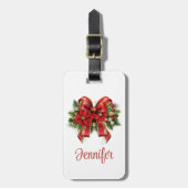 フェスティバルレッドと金ゴールドクリスマスボウ ラゲッジタグ (正面縦)